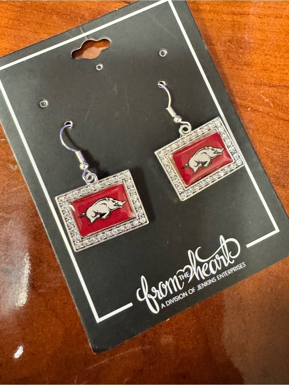 Silver Rhinestone Arkansas Razorbacks Red Drop Earrings - Picture 2 of 3